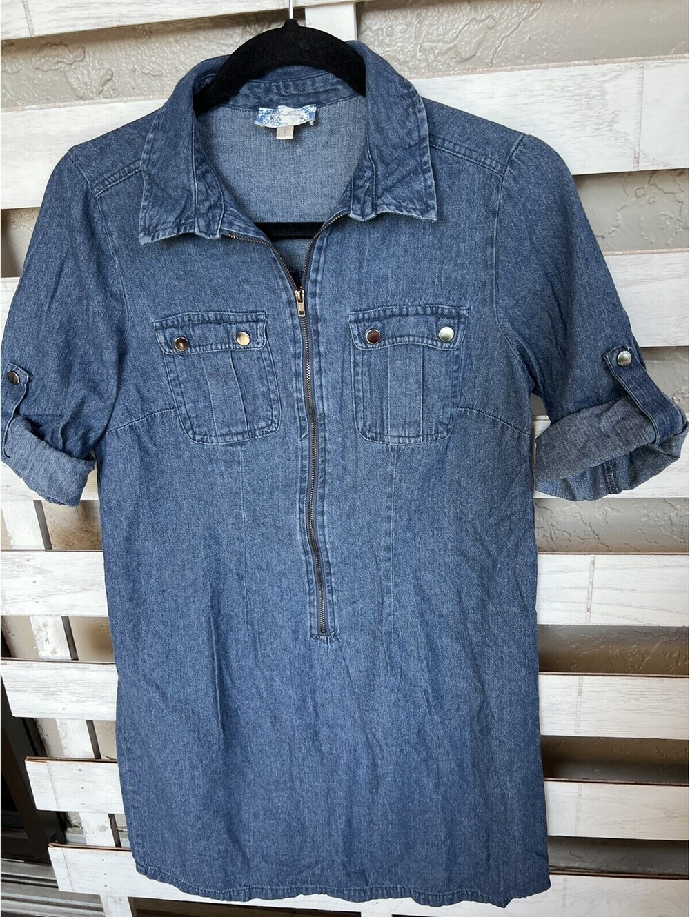 J Glee Denim/Chambray Dress Pockets Zip Front Women’s Size S Tab Roll 3/4Sleeves